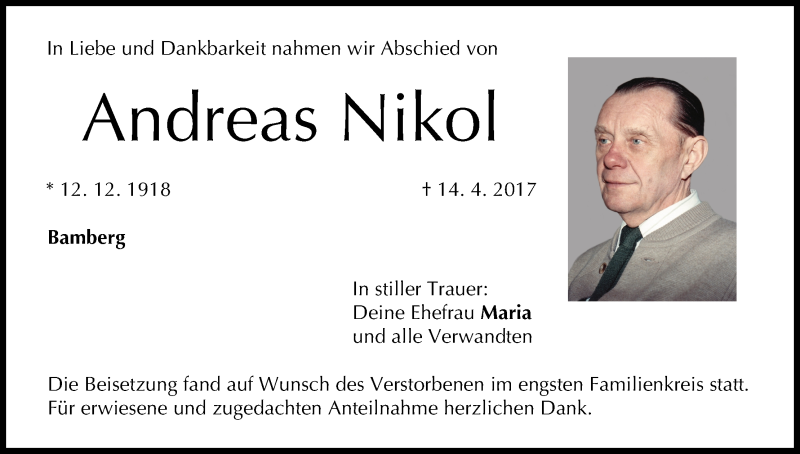  Traueranzeige für Andreas Nikol vom 22.04.2017 aus MGO