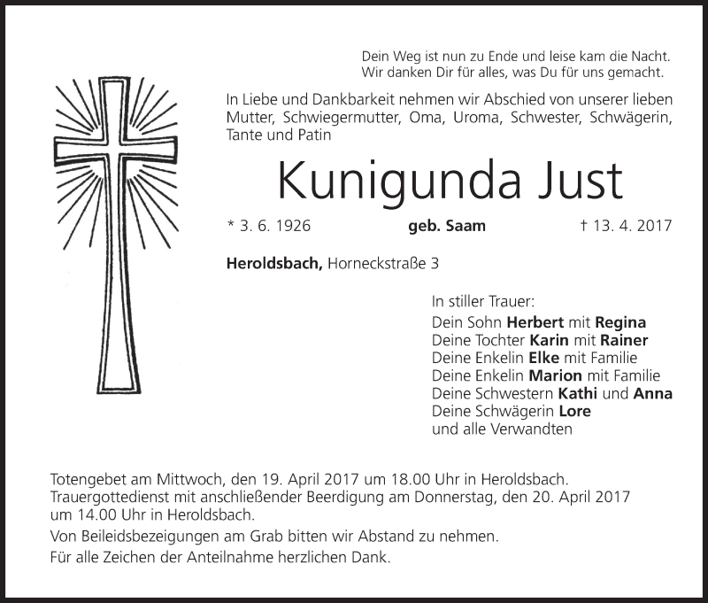  Traueranzeige für Kunigunda Just vom 18.04.2017 aus MGO