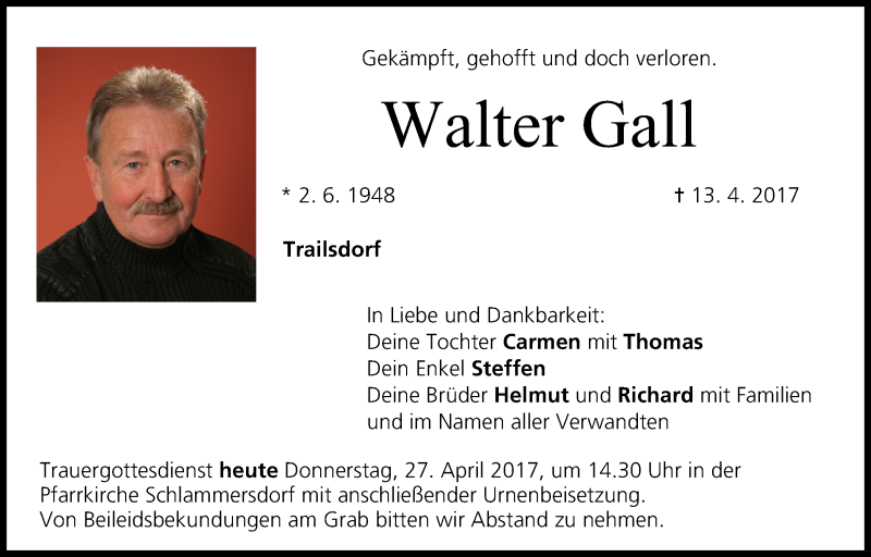  Traueranzeige für Walter Gall vom 27.04.2017 aus MGO