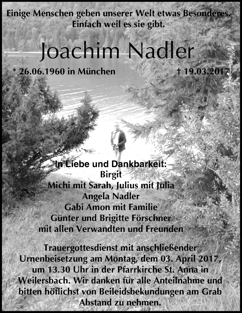  Traueranzeige für Joachim Nadler vom 01.04.2017 aus MGO