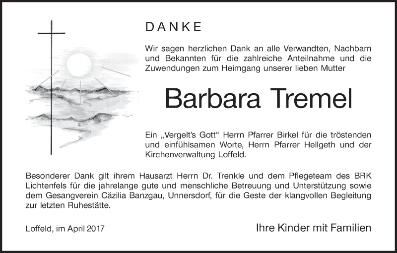  Traueranzeige für Barbara Tremel vom 22.04.2017 aus MGO