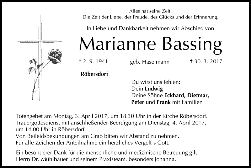  Traueranzeige für Marianne Bassing vom 01.04.2017 aus MGO
