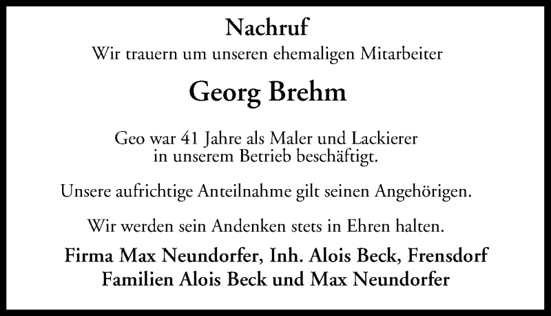  Traueranzeige für Georg Brehm vom 18.04.2017 aus MGO