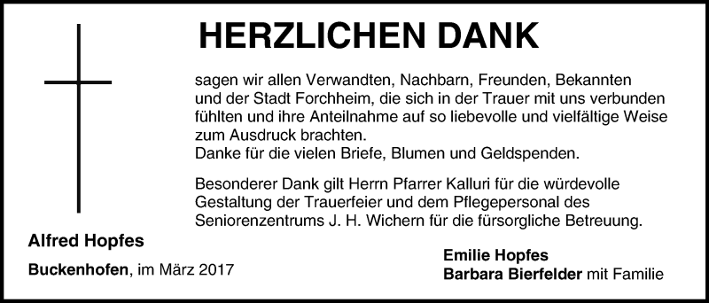  Traueranzeige für Alfred Hopfes vom 08.04.2017 aus MGO