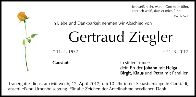  Traueranzeige für Gertraud Ziegler vom 08.04.2017 aus MGO