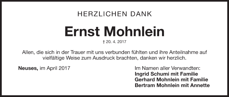  Traueranzeige für Ernst Mohnlein vom 29.04.2017 aus MGO