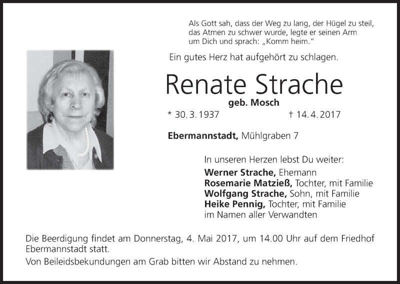  Traueranzeige für Renate Strache vom 29.04.2017 aus MGO
