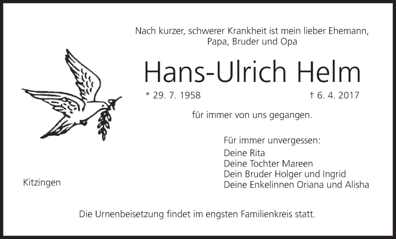  Traueranzeige für Hans-Ulrich Helm vom 27.04.2017 aus MGO