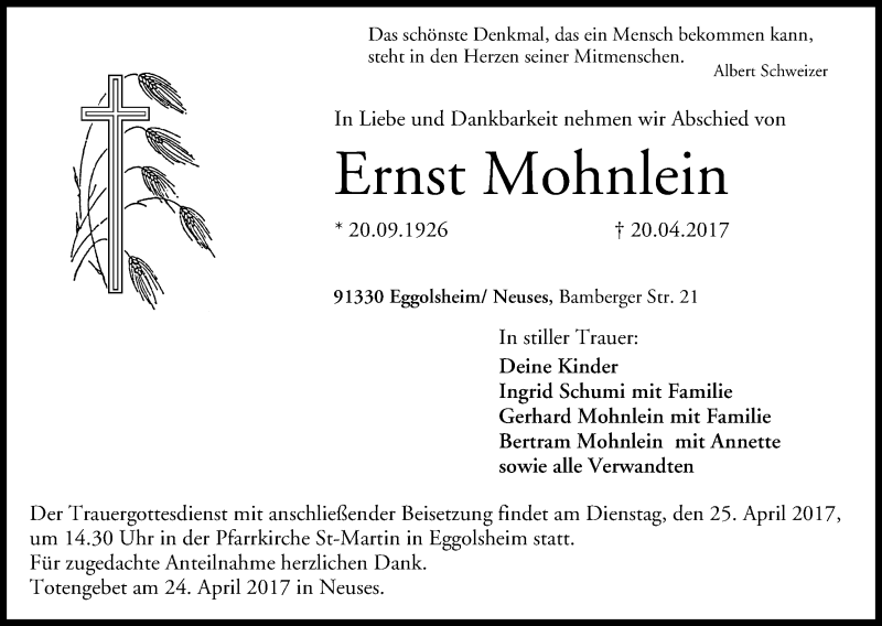  Traueranzeige für Ernst Mohnlein vom 22.04.2017 aus MGO