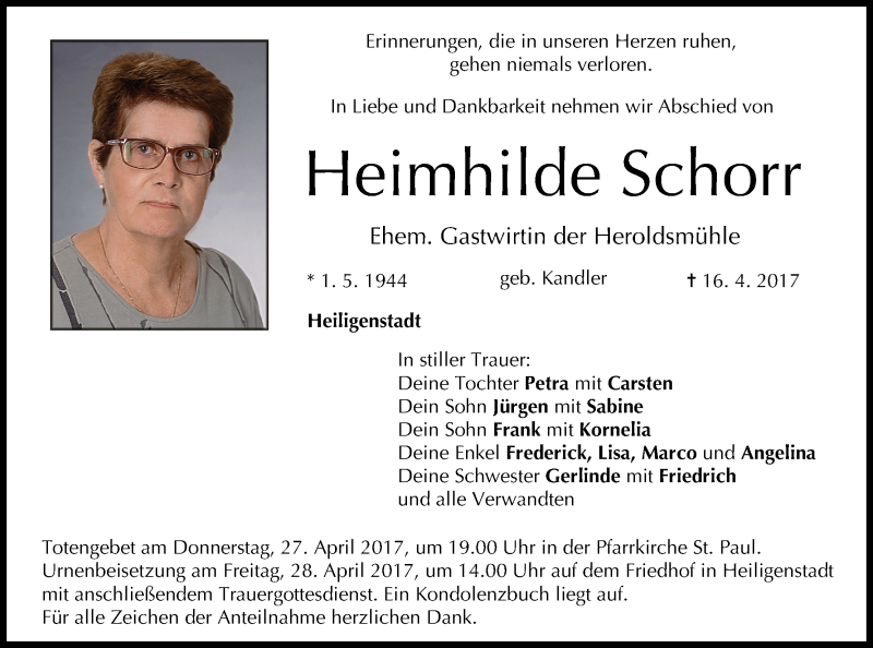  Traueranzeige für Heimhilde Schorr vom 22.04.2017 aus MGO