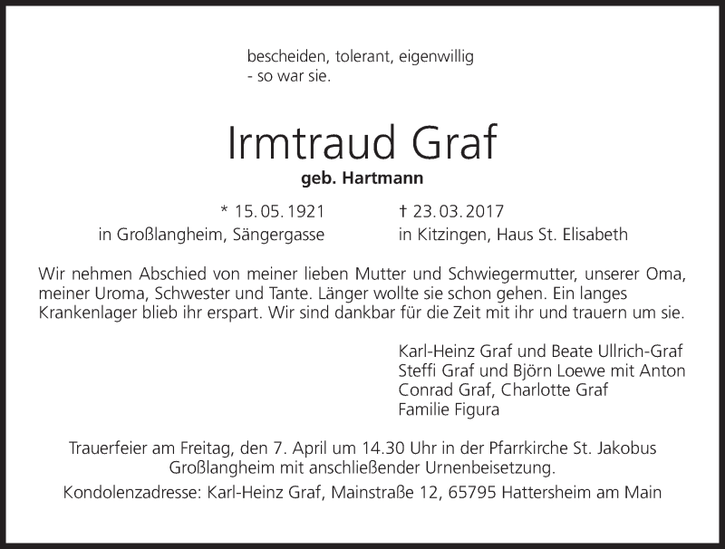  Traueranzeige für Irmtraud Graf vom 04.04.2017 aus MGO