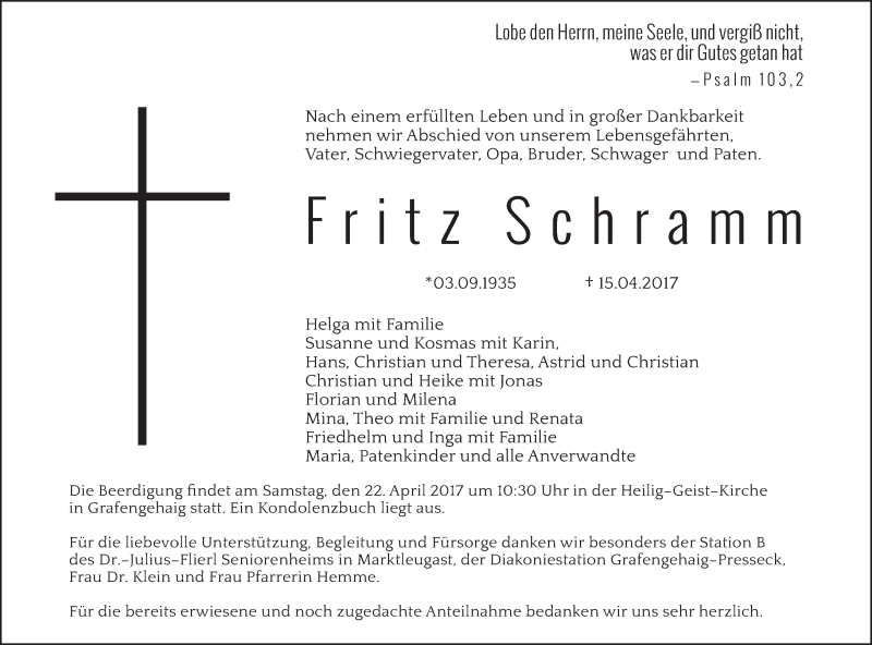  Traueranzeige für Fritz Schramm vom 19.04.2017 aus MGO