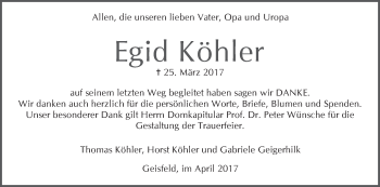 Traueranzeige von Egid Köhler