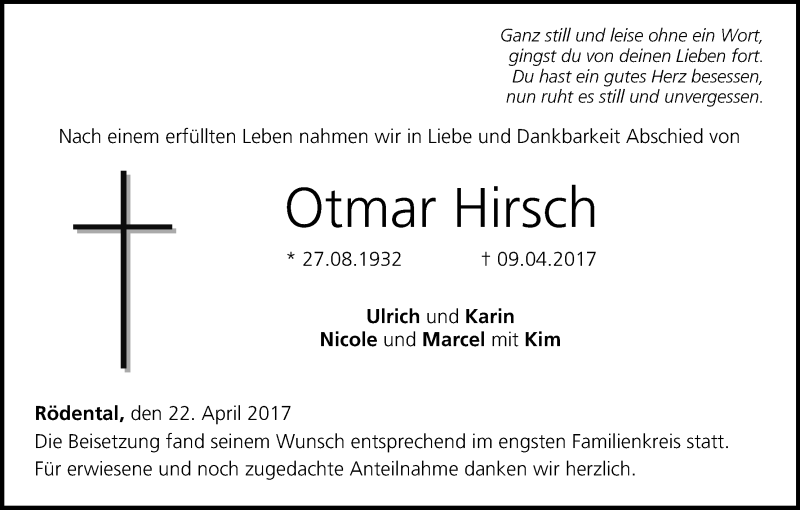  Traueranzeige für Otmar Hirsch vom 22.04.2017 aus MGO