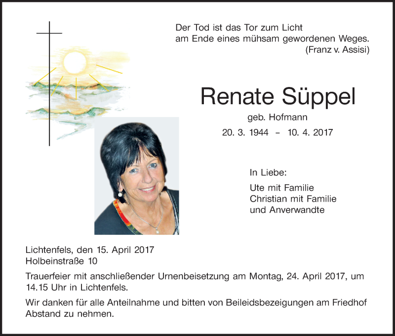  Traueranzeige für Renate Süppel vom 15.04.2017 aus MGO