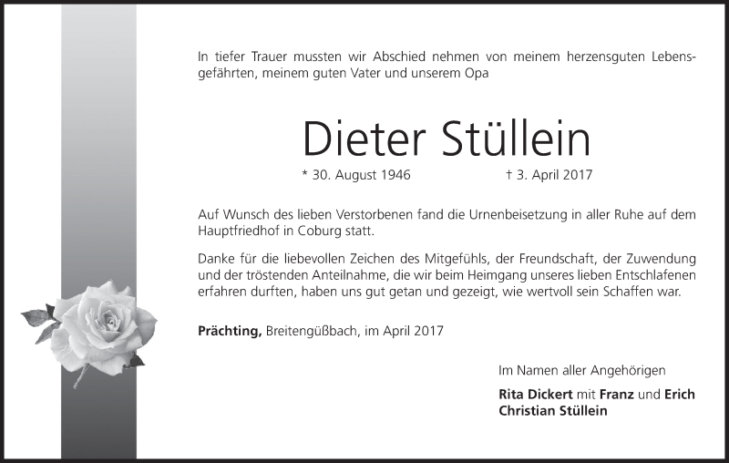  Traueranzeige für Dieter Stüllein vom 15.04.2017 aus MGO