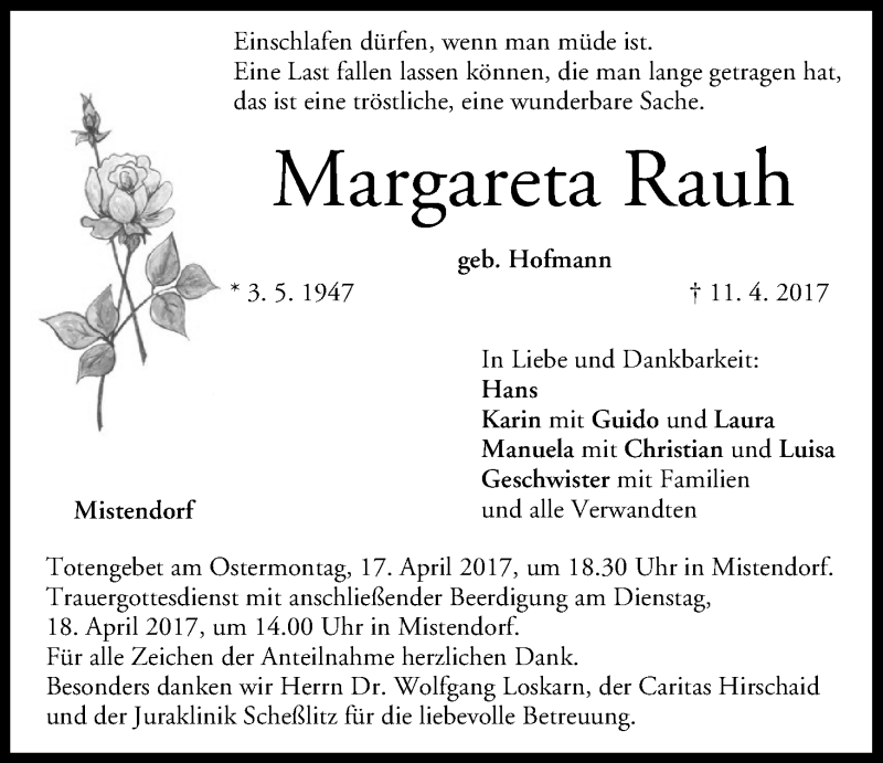  Traueranzeige für Margareta Rauh vom 15.04.2017 aus MGO
