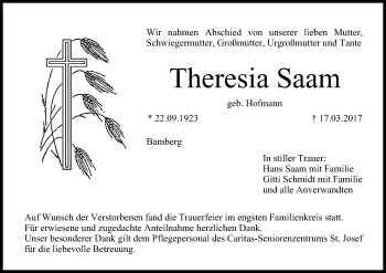 Traueranzeige von Theresia Saam