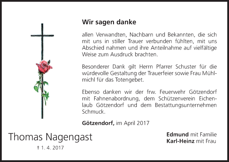  Traueranzeige für Thomas Nagengast vom 22.04.2017 aus MGO