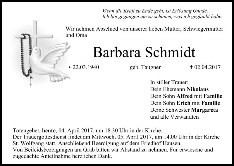  Traueranzeige für Barbara Schmidt vom 04.04.2017 aus MGO