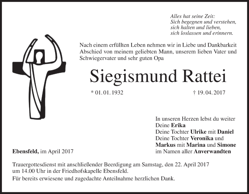  Traueranzeige für Siegismund Rattei vom 21.04.2017 aus MGO