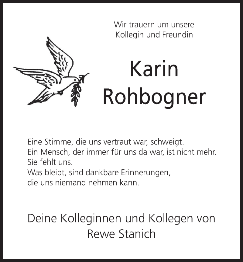  Traueranzeige für Karin Rohbogner vom 10.04.2017 aus MGO