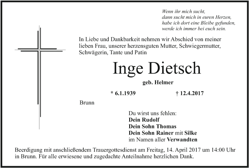  Traueranzeige für Inge Dietsch vom 13.04.2017 aus MGO
