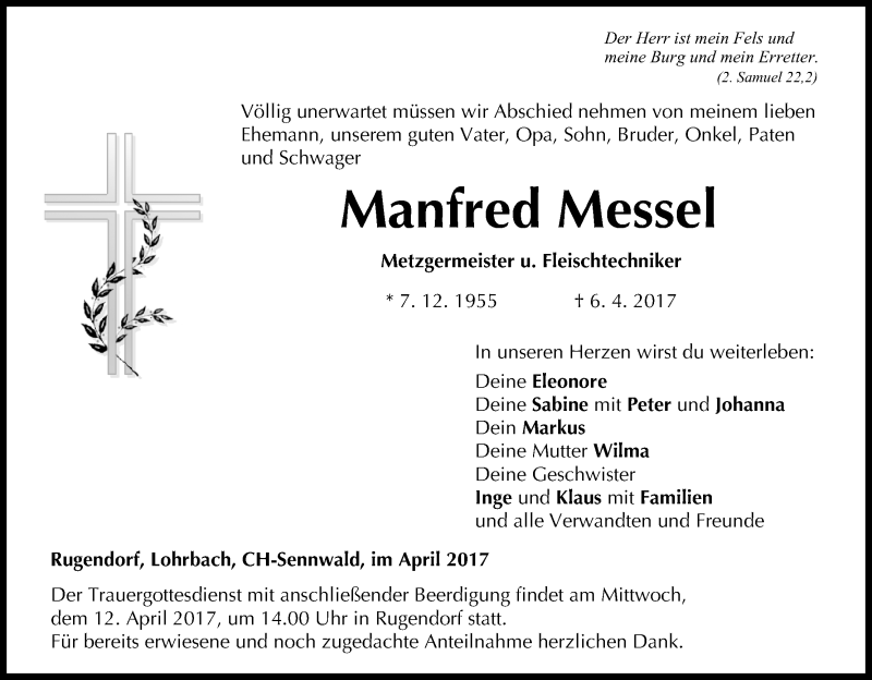  Traueranzeige für Manfred Messel vom 10.04.2017 aus MGO