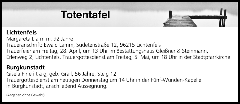  Traueranzeige für Totentafel vom 27.04.2017 vom 27.04.2017 aus MGO