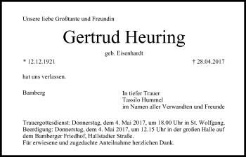 Traueranzeige von Gertrud Heuring