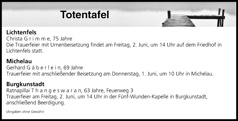  Traueranzeige für Totentafel vom 31.05.2017 vom 31.05.2017 aus MGO