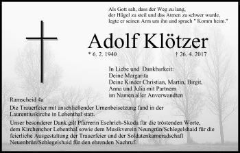 Anzeige von Adolf Klötzer von MGO