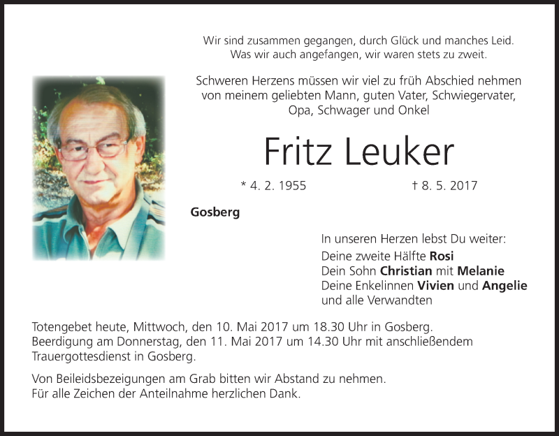  Traueranzeige für Fritz Leuker vom 10.05.2017 aus MGO