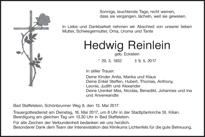  Traueranzeige für Hedwig Reinlein vom 13.05.2017 aus MGO