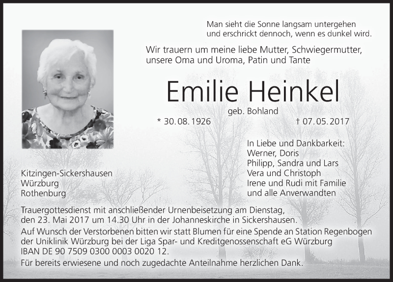  Traueranzeige für Emilie Heinkel vom 20.05.2017 aus MGO
