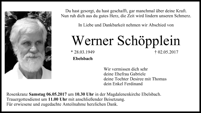  Traueranzeige für Werner Schöpplein vom 05.05.2017 aus MGO