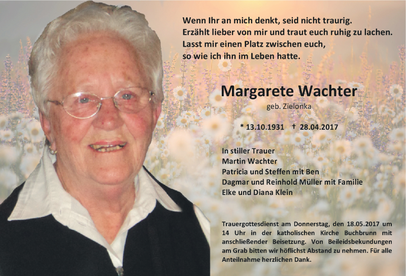  Traueranzeige für Margarete Wachter vom 15.05.2017 aus MGO