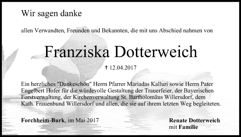  Traueranzeige für Franziska Dotterweich vom 06.05.2017 aus MGO