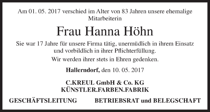  Traueranzeige für Hanna Höhn vom 10.05.2017 aus MGO