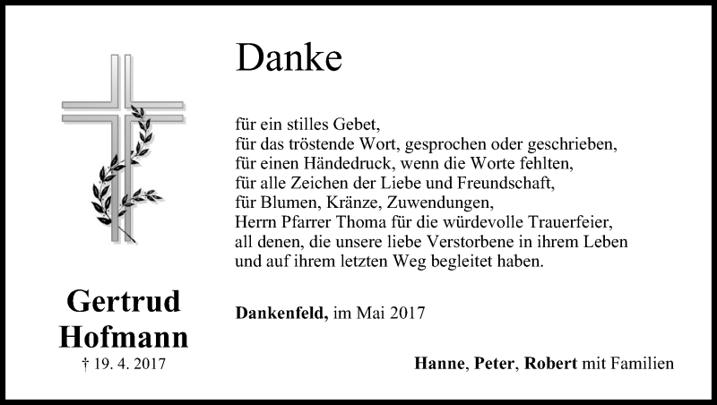  Traueranzeige für Gertrud Hofmann vom 06.05.2017 aus MGO