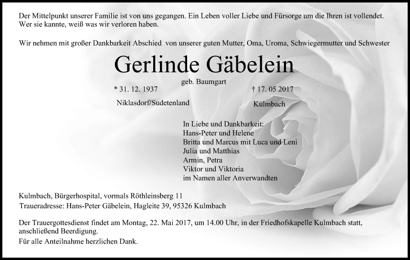  Traueranzeige für Gerlinde Gäbelein vom 19.05.2017 aus MGO