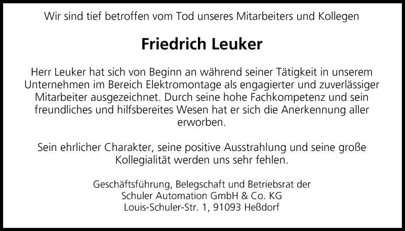  Traueranzeige für Friedrich Leuker vom 27.05.2017 aus MGO