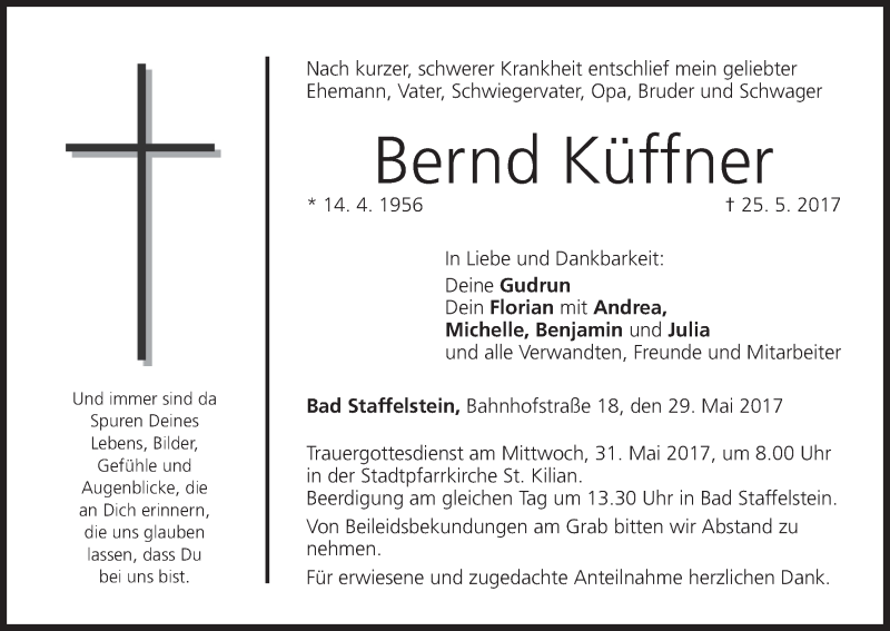  Traueranzeige für Bernd Küffner vom 29.05.2017 aus MGO