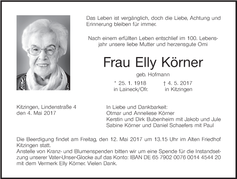  Traueranzeige für Elly Körner vom 09.05.2017 aus MGO