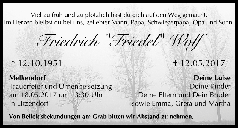  Traueranzeige für Friedrich Wolf vom 16.05.2017 aus MGO