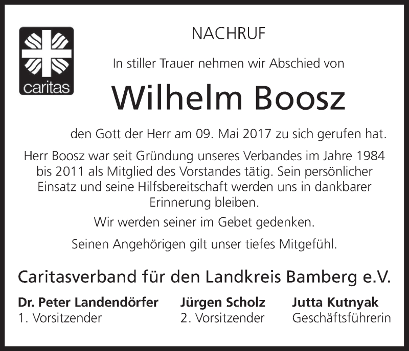  Traueranzeige für Wilhelm Boosz vom 12.05.2017 aus MGO