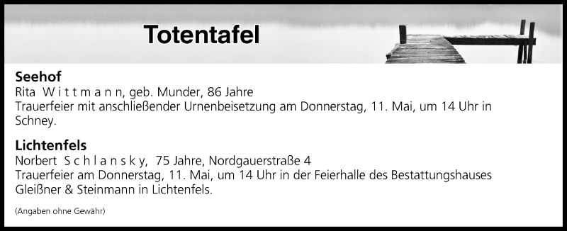  Traueranzeige für Totentafel vom 09.05.2017 vom 09.05.2017 aus MGO