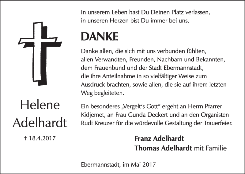  Traueranzeige für Helene Adelhardt vom 20.05.2017 aus MGO