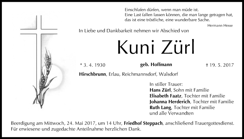  Traueranzeige für Kuni Zürl vom 23.05.2017 aus MGO