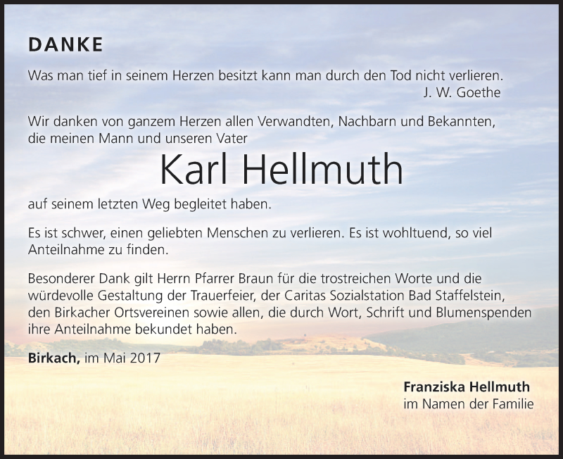  Traueranzeige für Karl Hellmuth vom 13.05.2017 aus MGO